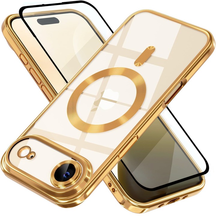Husa plus Folie Full cover csomag iPhone 17 Air DaDen MagSafe Luxury, ütésálló, kameravédelemmel, fémesített élekkel, átlátszó arany élekkel