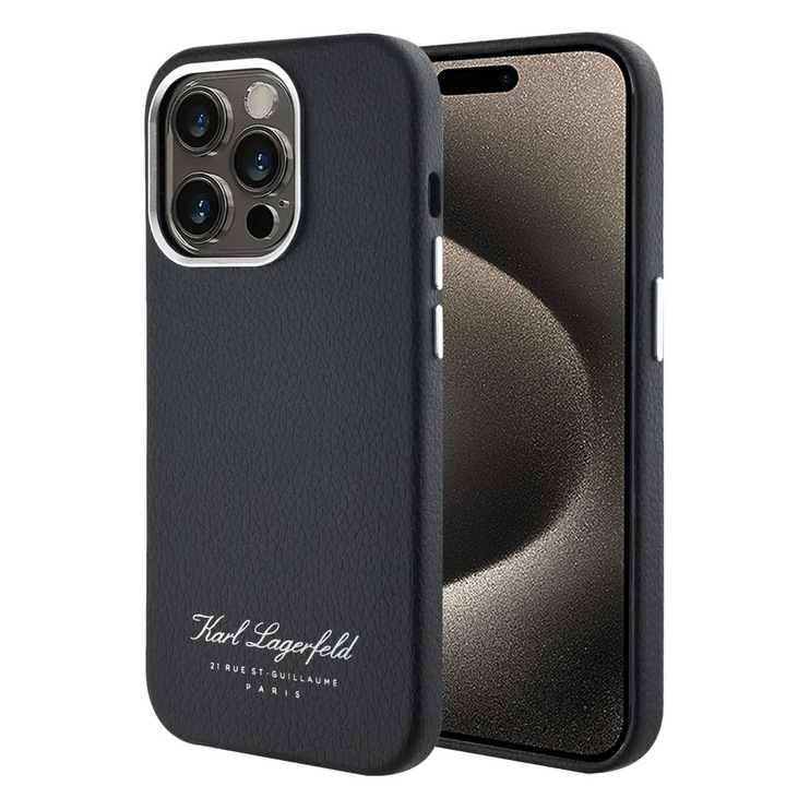Husa pentru iPhone 15 Pro Max, Piele Ecologica Policarbonat TPU, Karl Lagerfeld, Negru