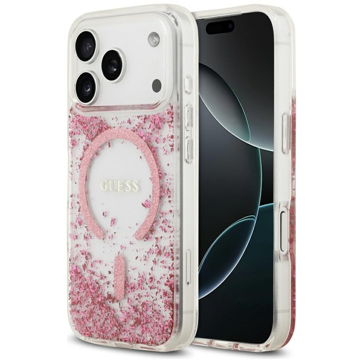 Husa pentru iPhone 17 Pro - Guess Resin Bottom Glitter MagSafe - Roz
