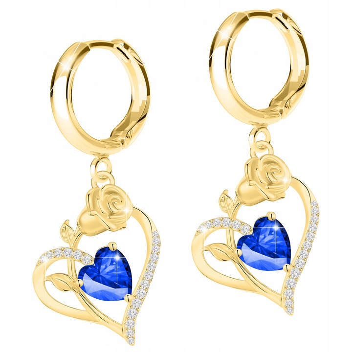 Cercei dama Larezo argint 925 placat cu aur, inimioare cu trandafiri, înălțime 17mm, set cu cutie pentru bijuterii, auriu