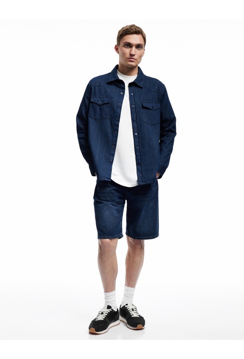 KOTON, Camasa din denim cu capse, Albastru indigo, L