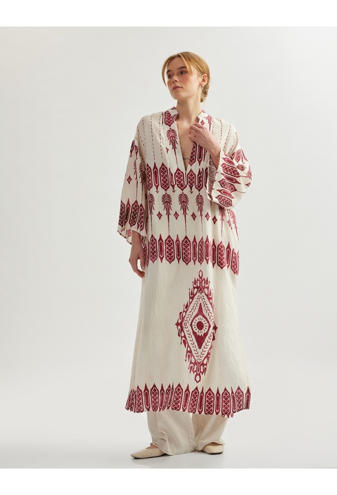 KOTON, Rochie lunga cu imprimeu etnic si maneci lungi, Visiniu, 40