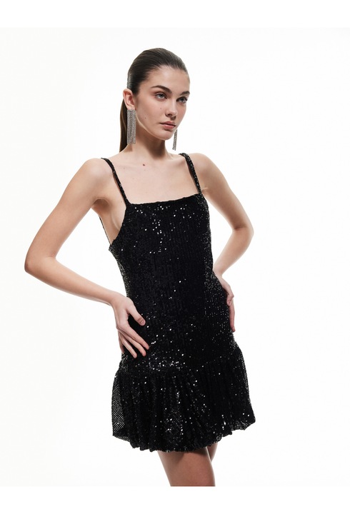 KOTON, Rochie cu paiete si decolteu patrat, Negru