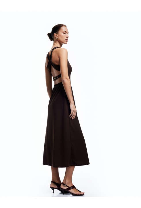 KOTON, Rochie evazata fara maneci cu bretele incrucisate pe spate, Maro