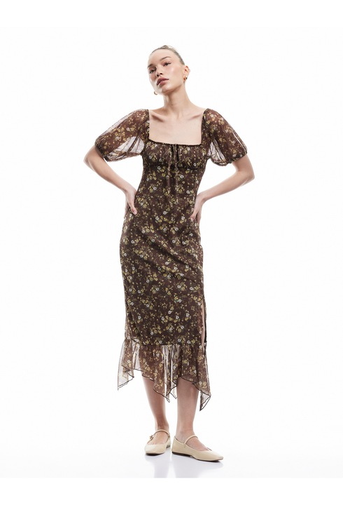 KOTON, Rochie midi cu maneci bufante, Maro, L