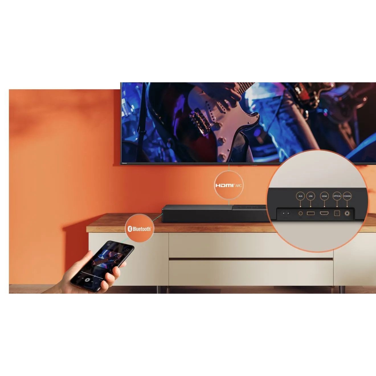 Soundbar 2.1, Hisense HS2000, subwoofer incorporat, Dolby Digital Plus, 800x105x60mm, negru