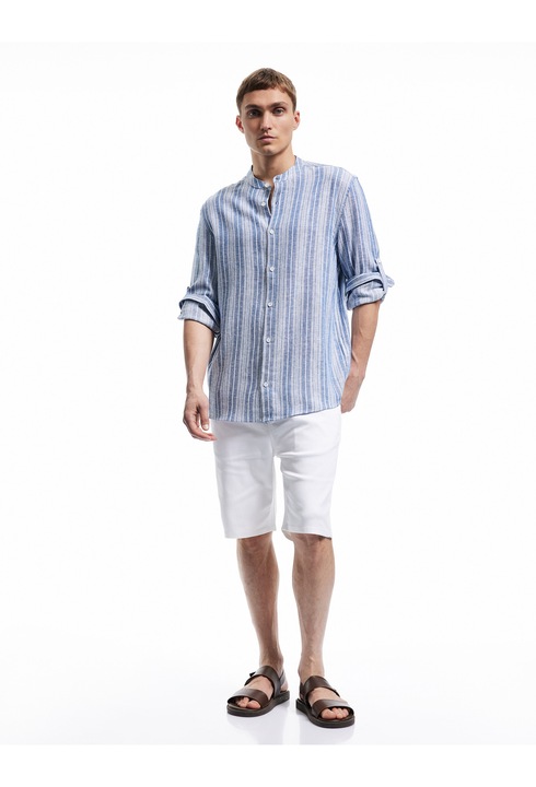 KOTON, Camasa din amestec de in cu dungi si guler Mao, Albastru