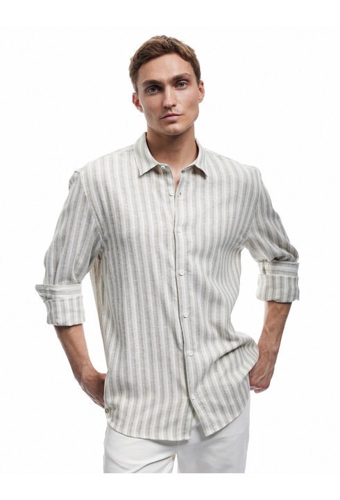 KOTON, Camasa din amestec de in cu dungi, Verde, L