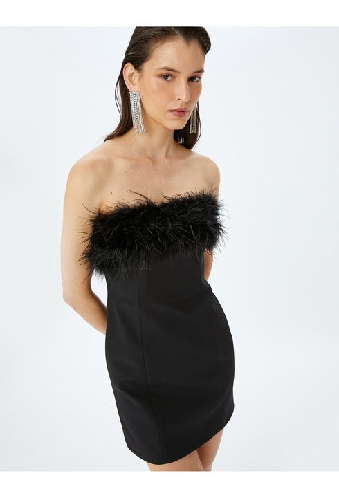 KOTON, Rochie tubulara cu pene, Negru, XS