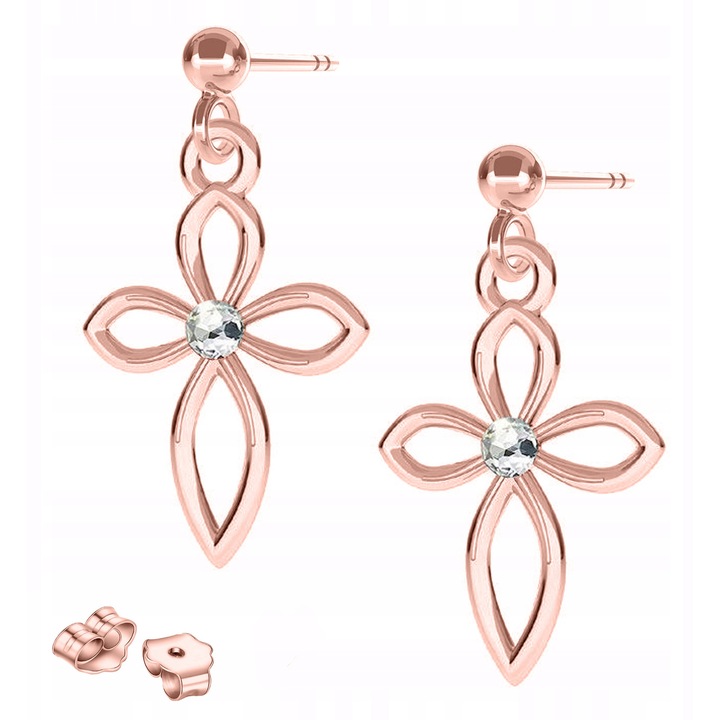 Cercei dama, Larezo, cruce, argint 925 acoperit cu roz 750, 2cm, set cu cutie pentru bijuterii, roz