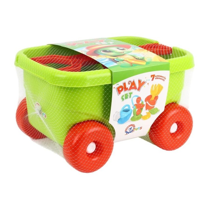 Комплект за игра с количка TechnoK, аксесоари за пясък и вода, 9 литра, многоцветен