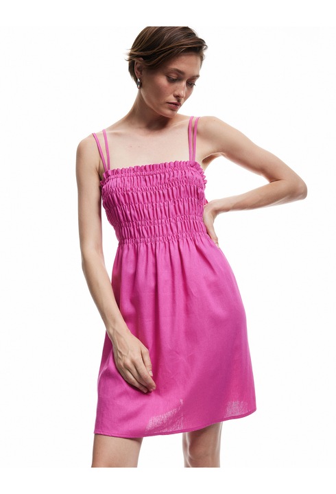 KOTON, Rochie mini din amestec de in cu insertie elastica, Fucsia, XS