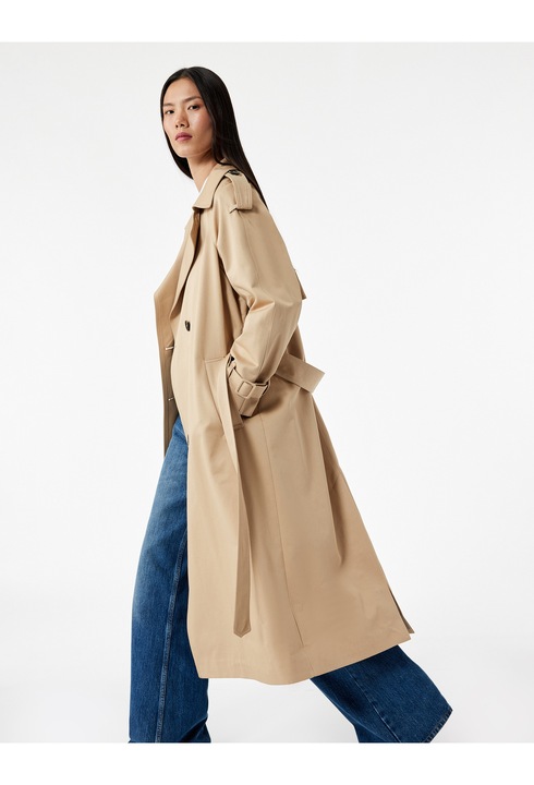 KOTON, Trenci din bumbac Gabardine cu doua randuri de nasturi, Maro camel, XS