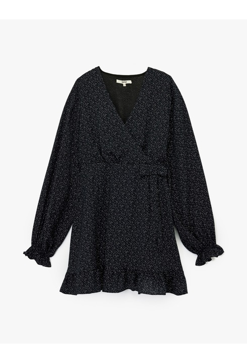 KOTON, Rochie mini cu decolteu in V si terminatie cu volane, Negru, XS