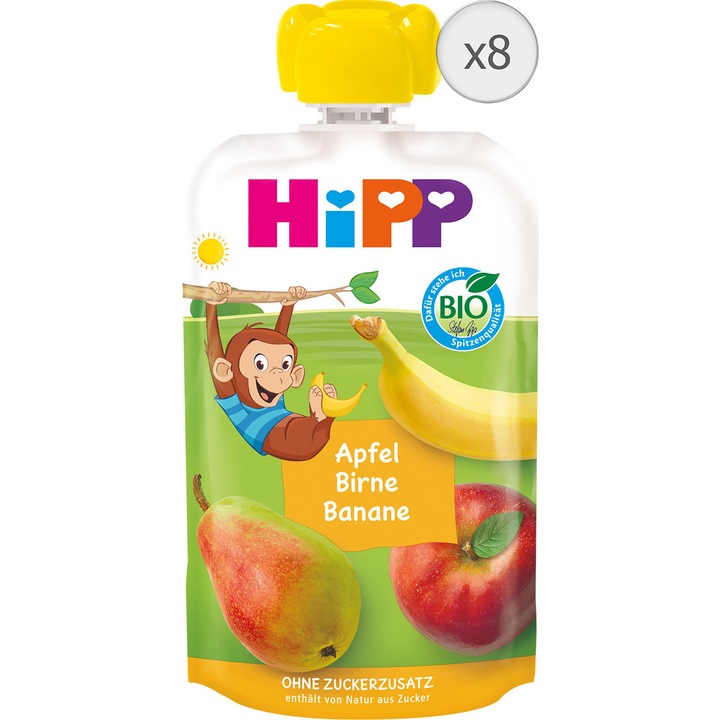 Pachet Piure de fructe cu mar, para si banana Hipp, 8 x 100g