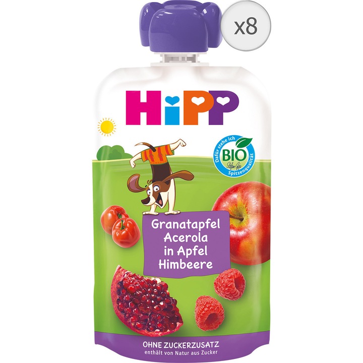 Pachet Piure de fructe cu rodie, acerola, mar si zmeura Hipp, 8 x 100g