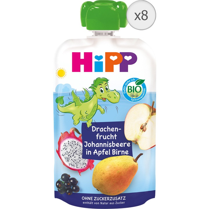 Pachet Piure de fructe cu fructul dragonului si coacaze negre Hipp, 8 x 100g