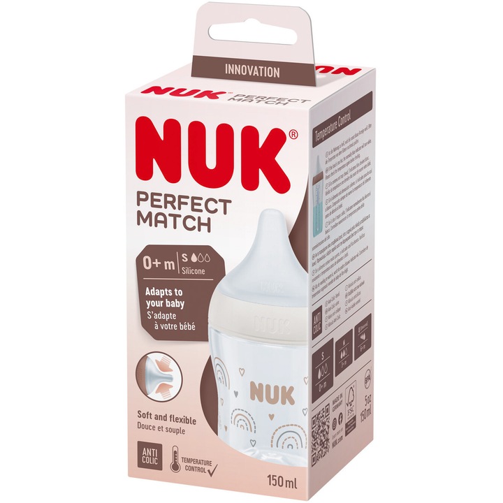 Шише NUK Perfect Match, със силиконов мек биберон S, 150 мл, От 0 месеца, Без BPA, Против колики, С контрол на температурата, Модел Дъга