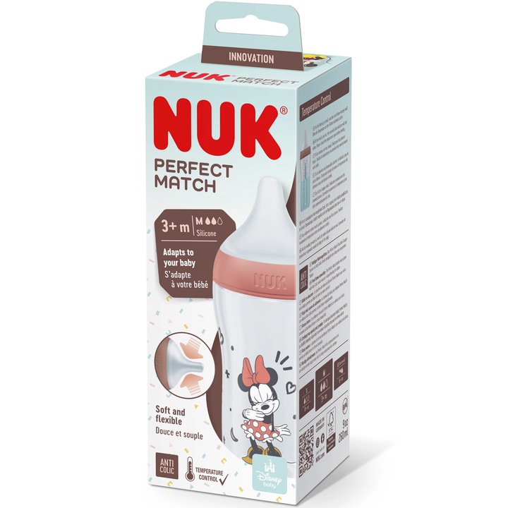 Шише Perfect Match NUK, с мек силиконов биберон M, 260 мл, От 3 месеца, Без BPA, Против колики, С контрол на температурата, Модел Мини Маус