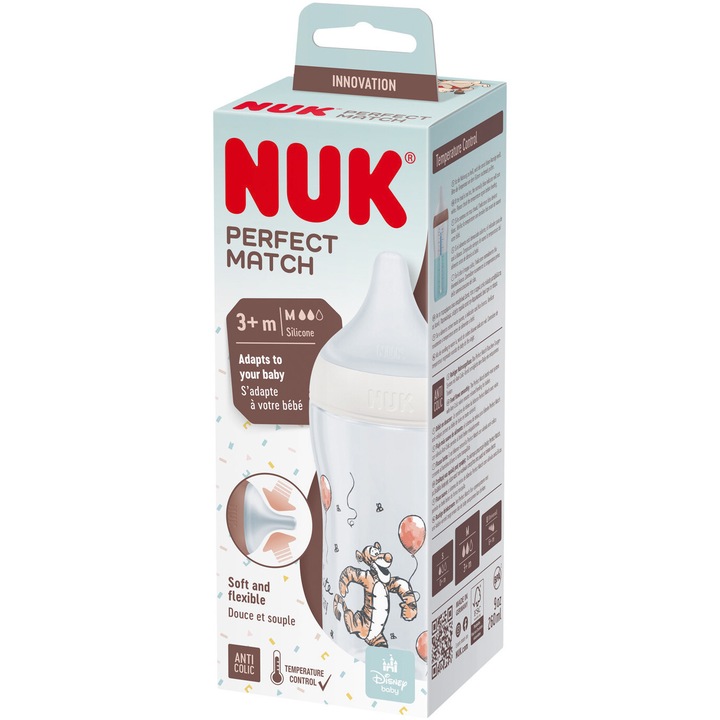 Шише Perfect Match NUK със силиконов мек биберон M, 260 мл, От 3 месеца, Без BPA, Против колики, С контрол на температурата, Модел Тигър - Мечо Пух