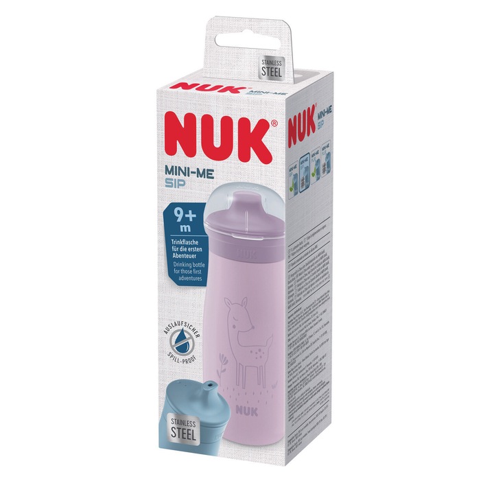 Cana NUK Mini-Me din Oțel Inoxidabil, cu cioc dur de băut, rezistent la mușcături, anti-curgere, 300 ml, de la 9 luni, fără BPA, 1 bucată, Ren