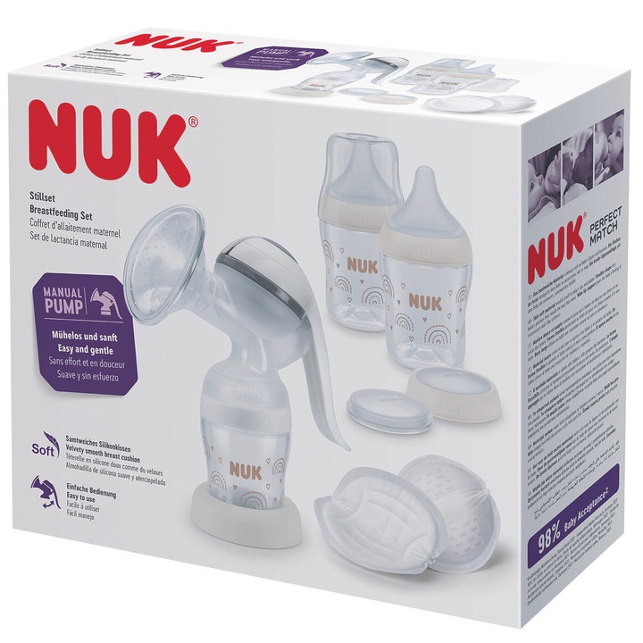 NUK szoptatós készlet, kézi mellszívó puha szilikon párnával, NUK Perfect Match cumisüvegekkel és NUK High Performance mellpárnákkal, 1 db