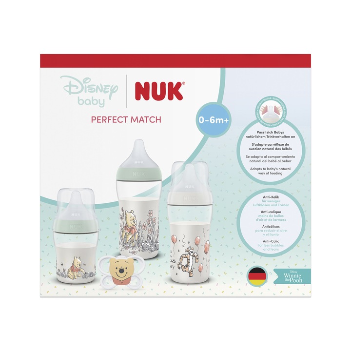 Set NUK Perfect Match Disney Winnie the Pooh, cu tetină moale din silicon, anti-colici, include Suzetă NUK Space, 0-6 luni, pentru start relaxat de la naștere, fără BPA
