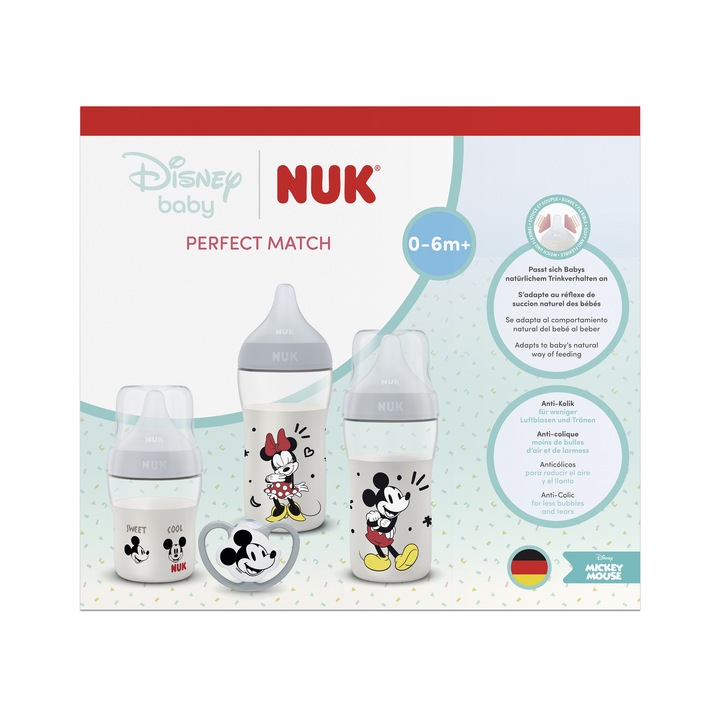 Set NUK Perfect Match Disney Mickey Mouse, cu tetină moale din silicon, anti-colici, include Suzetă NUK Space, 0-6 luni, pentru start relaxat de la naștere, fără BPA