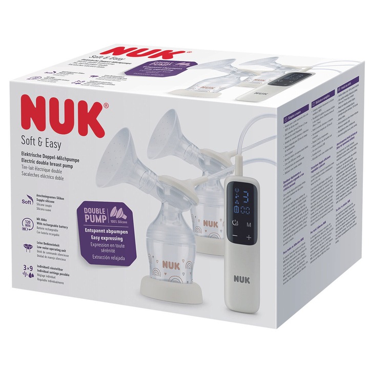Електрическа двойна помпа за кърма NUK Soft & Easy с презареждаема батерия и меки чашки за гърди, Включена бутилка NUK Perfect Match 150 мл, 1 брой