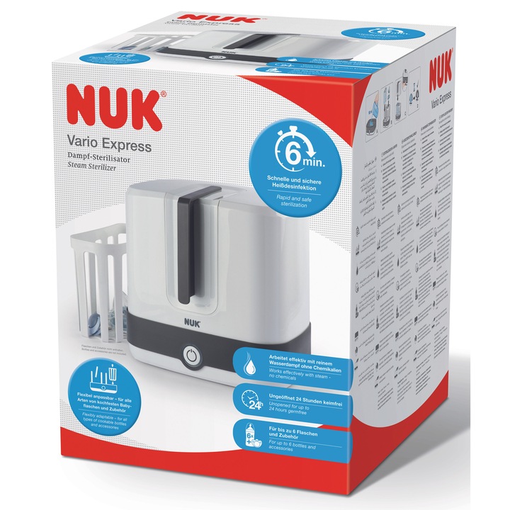 Парен стерилизатор NUK Vario Express, За до 6 шишета и аксесоари, Стерилизира бързо и надеждно за 6 минути