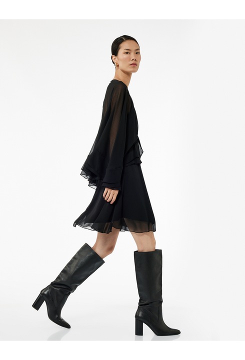 KOTON, Rochie cu tul si maneci tip liliac, Negru, XS