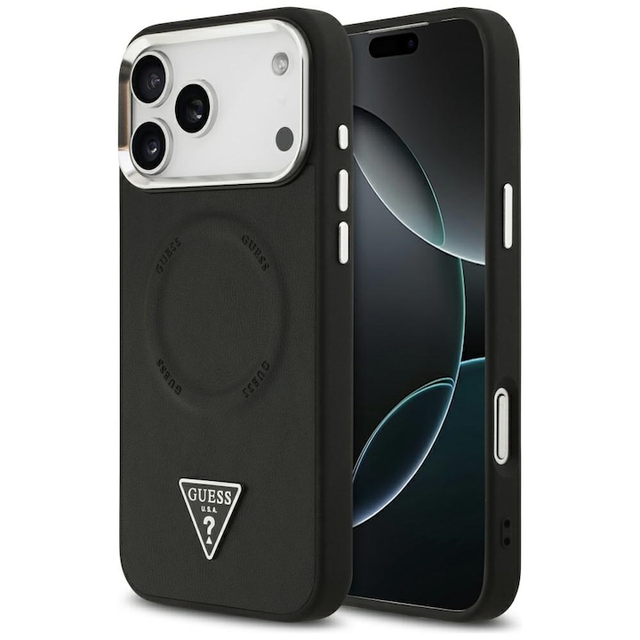 Carcasa Guess pentru iPhone 17 Pro, Triangle Logo, negru, piele ecologică, protecție durabilă