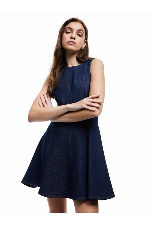 KOTON, Rochie din denim fara maneci, Albastru indigo, XS