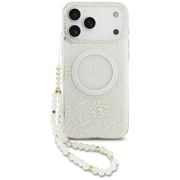 Калъф за iPhone 17 Pro Max - Guess IML Flowers Allover Electroplated with Pearl Strap MagSafe - бял