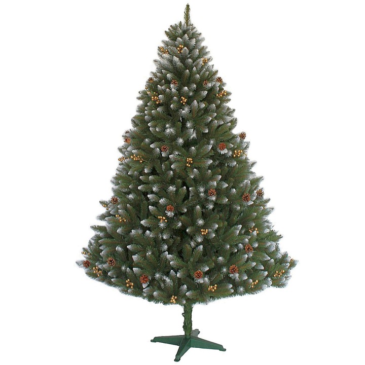 Brad Artificial Molid Hessa cu Fructe Aurii și Conuri Naturale, Verde cu Alb pe Vârfuri, 180 cm