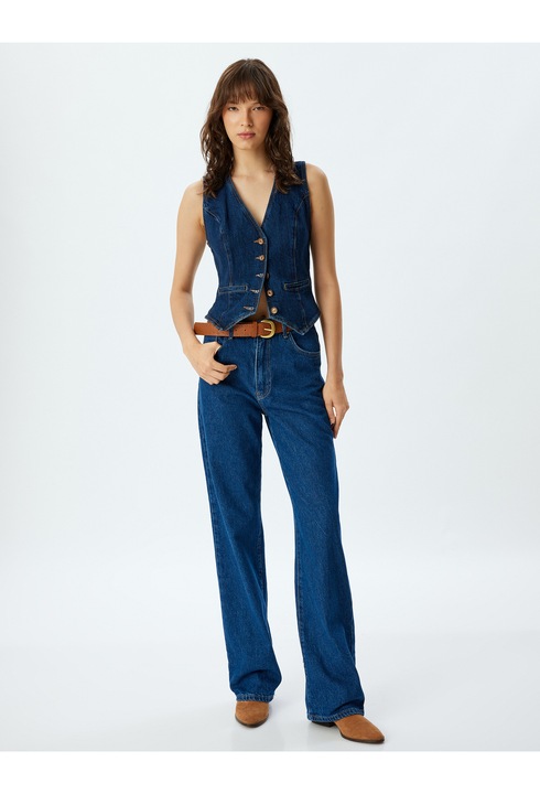 KOTON, Blugi cu talie inalta si buzunare, Albastru indigo, 25