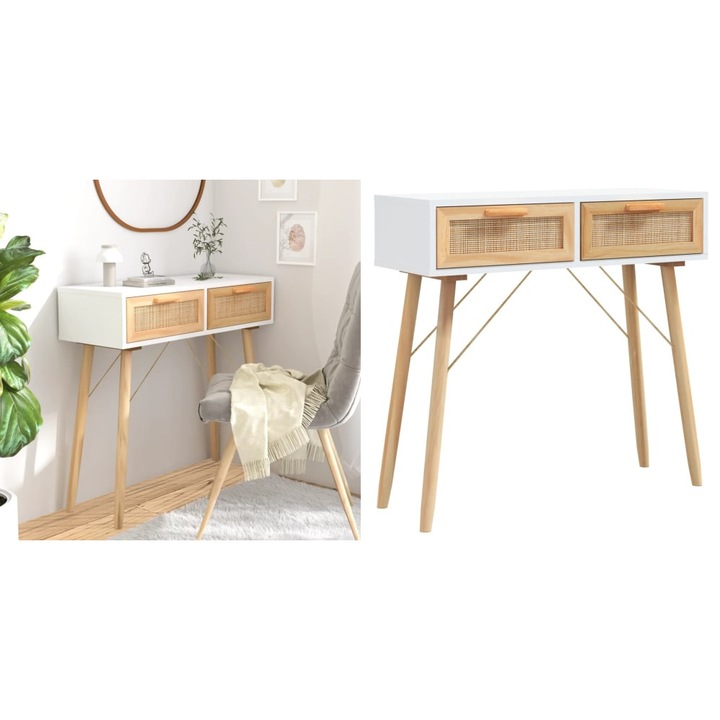Masa consola alb 80x30x75 cm lemn masiv pin si ratan natural