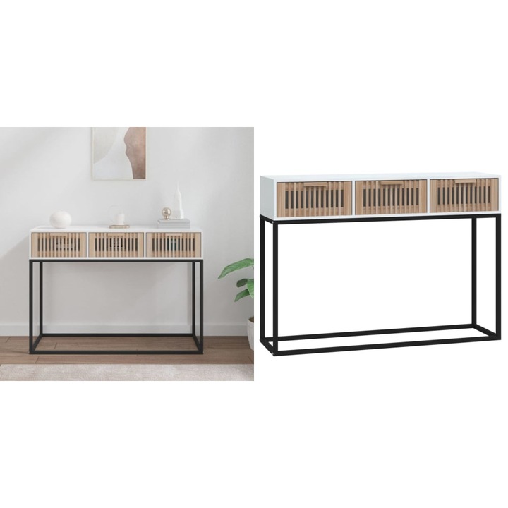 Masa consola, alb, 105x30x75 cm, lemn prelucrat si fier