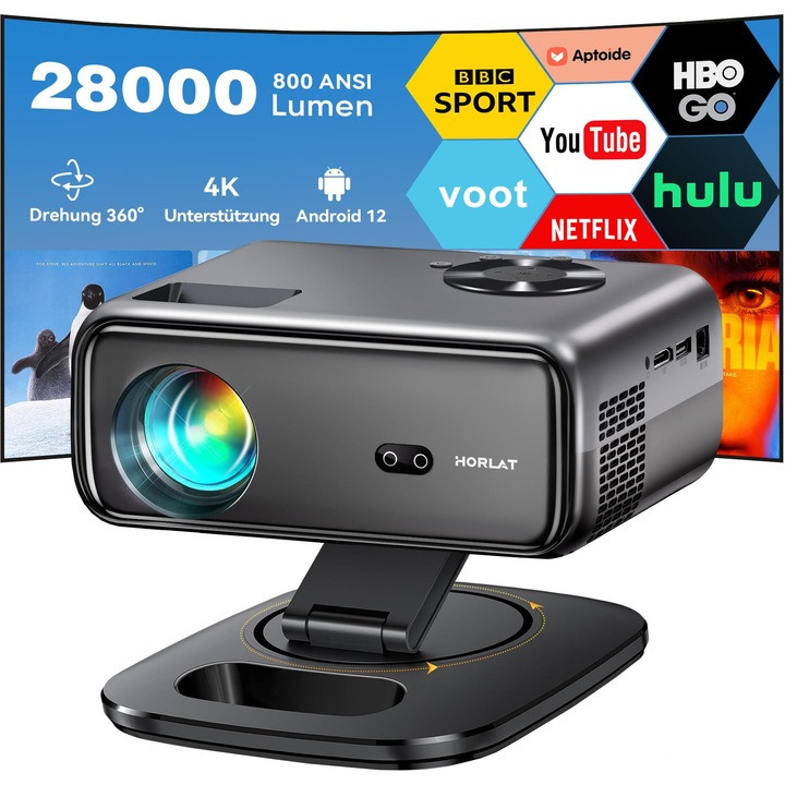 Проектор Horlat 4K, 28000 лумена, Wifi 6, Bluetooth, въртене на 360°