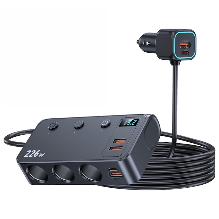 9 az 1-ben gyors autós töltő, 226W, 3x szivargyújtó aljzat (110W max), 2xPD (PD45W+PD35W), 4xUSB-A, PD3.0, QC3.0, PPS, intelligens védelmi chip, LED kijelző, 12-24V-hoz, laptophoz/tablethez/okostelefonhoz és kiegészítő eszközökhöz, 1m kábel, fekete