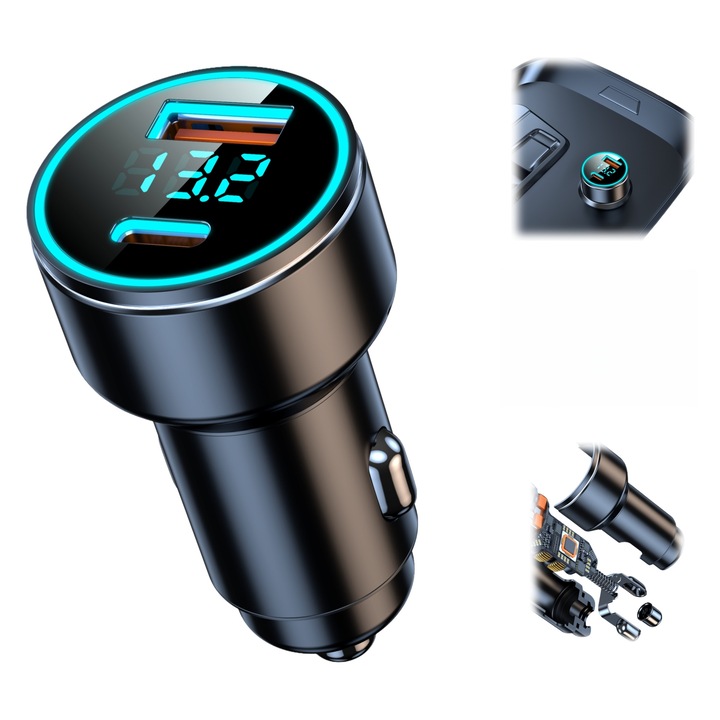 Супер бързо зарядно за кола 2 в 1, 1xPD, 1xUSB-A, едновременно бързо зареждане, PD20W, QC18W, PD3.0, QC3.0, PPS, интелигентен защитен чип, откриване на батерията, LED дисплей, амбиентно осветление, алуминий, черно