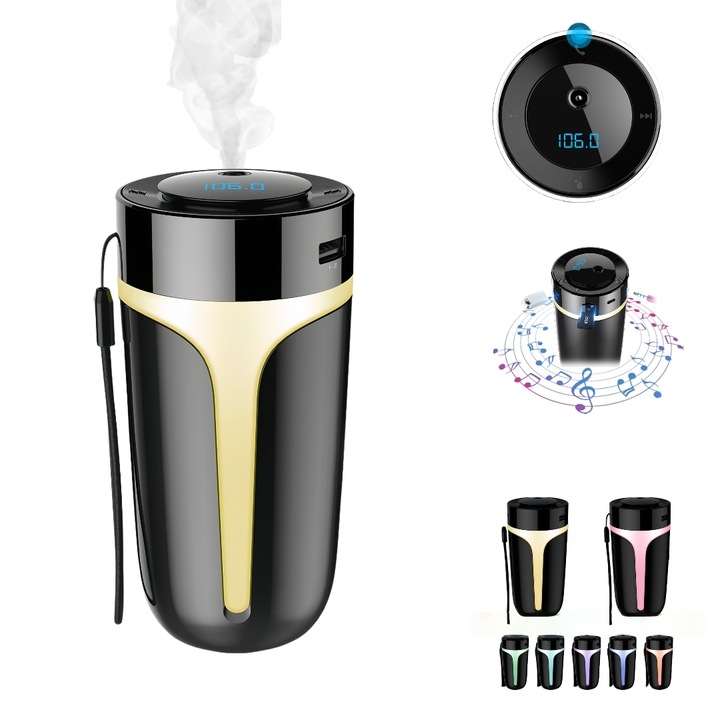 6in1 Umidificator multifunctional Bluetooth pentru masina: aromaterapie si umidificator, MP3/TF/AUX, BT5.0, QC3.0 USB-A incarcare rapida, lumina ambientala 7culori, silentios, 2viteze, redare fara pierderi, apeluri hands-free, monitorizare baterie, negru
