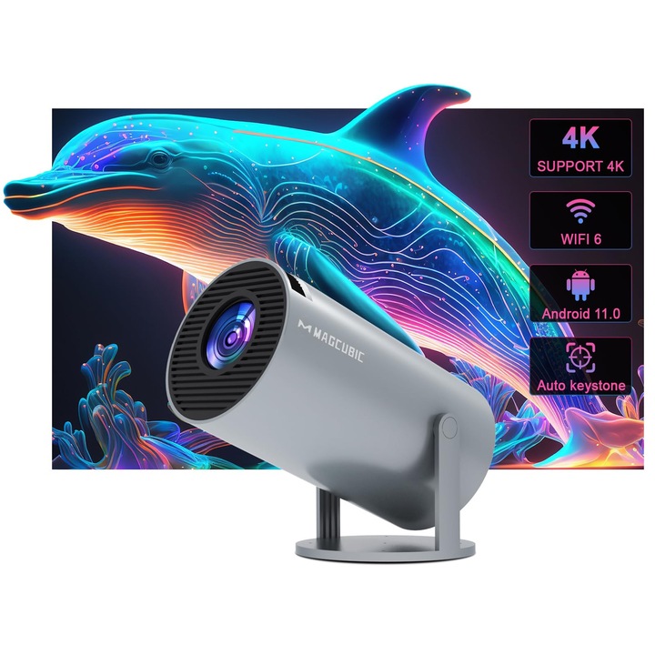 Преносим проектор Magcubic 4K, 200 Ansi, 130 инча екран, 180 градуса въртене