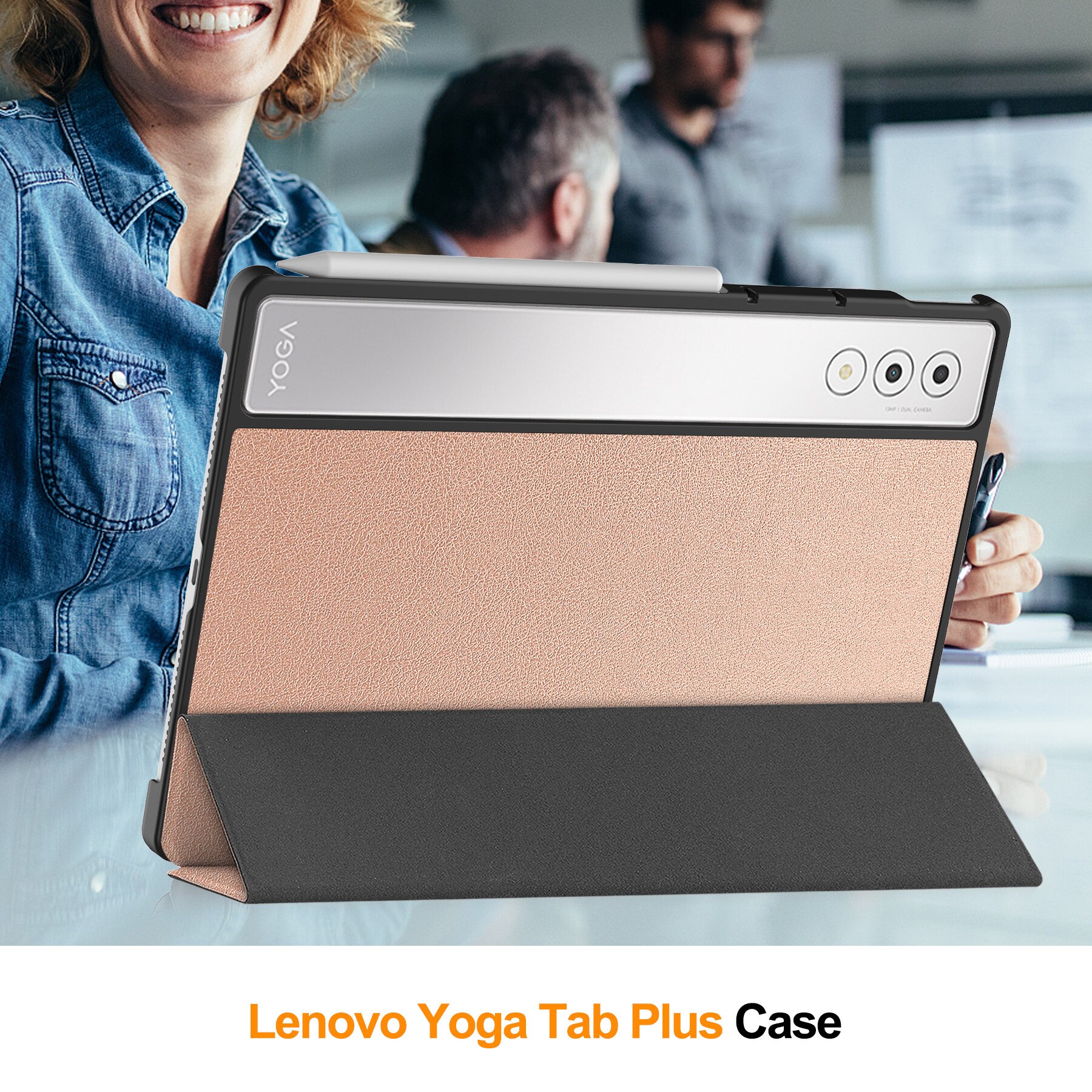 Husa tableta DDOLI, pentru Lenovo Yoga Tab Plus 12.7 inch, suport integrat, inchidere magnetica, Roz