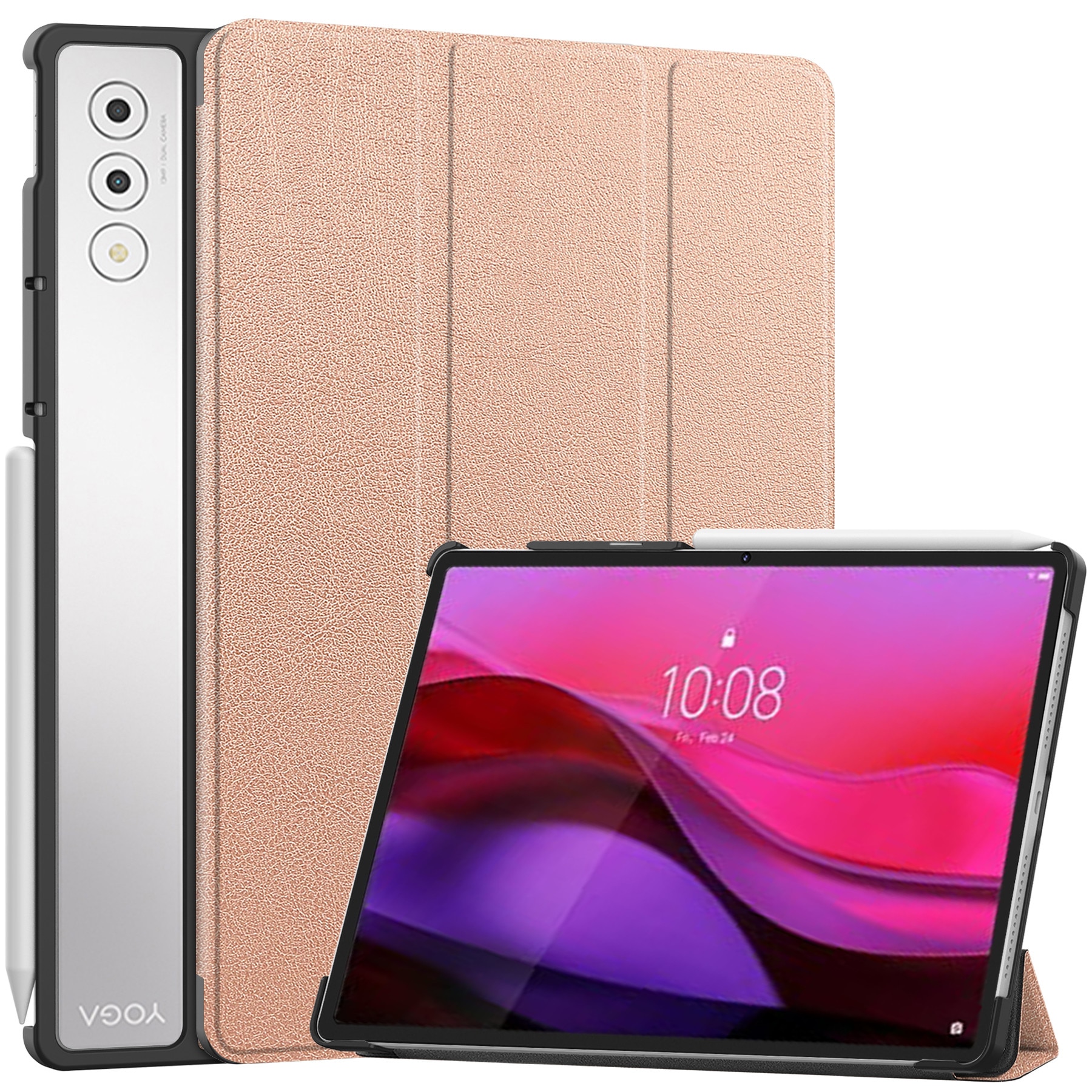 Husa tableta DDOLI, pentru Lenovo Yoga Tab Plus 12.7 inch, suport integrat, inchidere magnetica, Roz