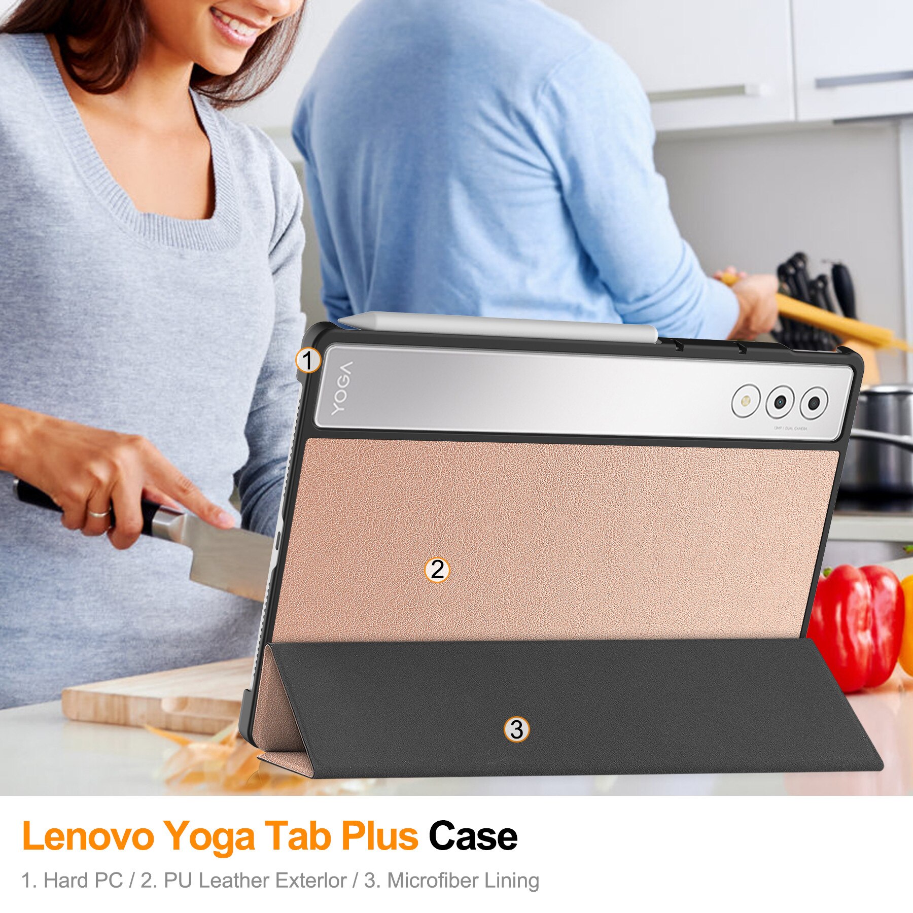 Husa tableta DDOLI, pentru Lenovo Yoga Tab Plus 12.7 inch, suport integrat, inchidere magnetica, Roz