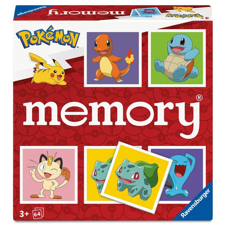 Joc de societate, Ravensburger, Memory Pokemon, 32 perechi, pentru 2-8 jucători, 3 ani+