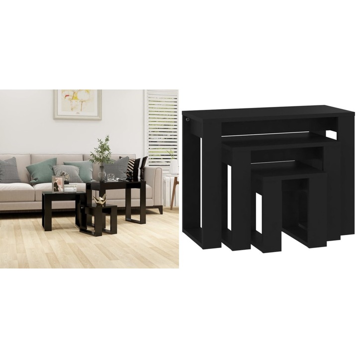 Mese suprapuse, 3 buc., negru, lemn compozit