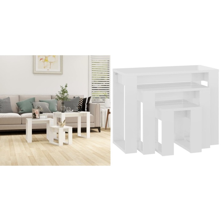 Set mese suprapuse, alb extralucios, 61x28x47cm, 43x28x37cm, 25x28x27cm, lemn compozit