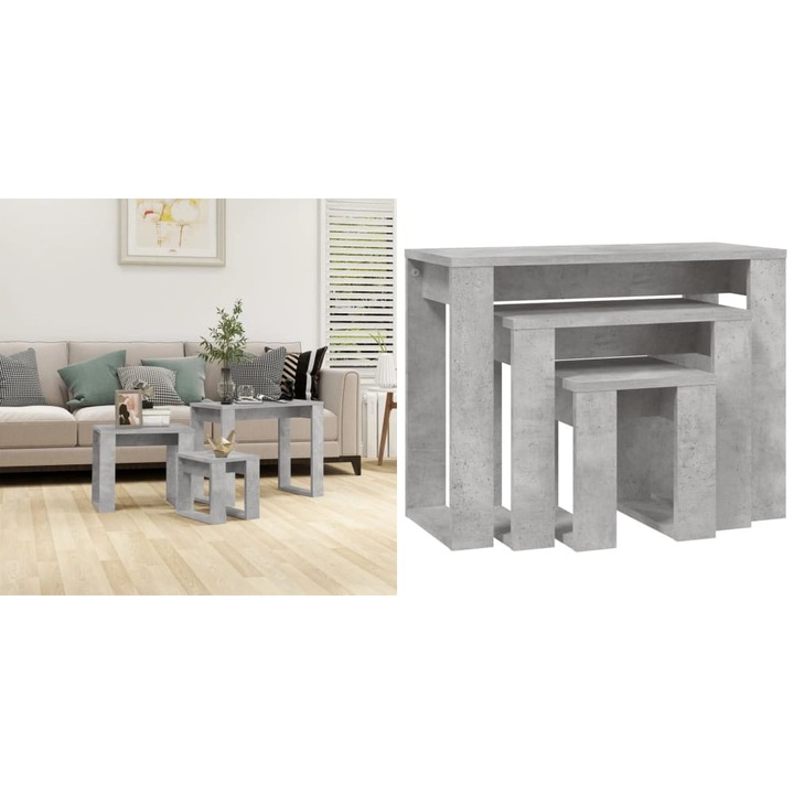 Mese suprapuse, 3 buc., gri beton, lemn compozit